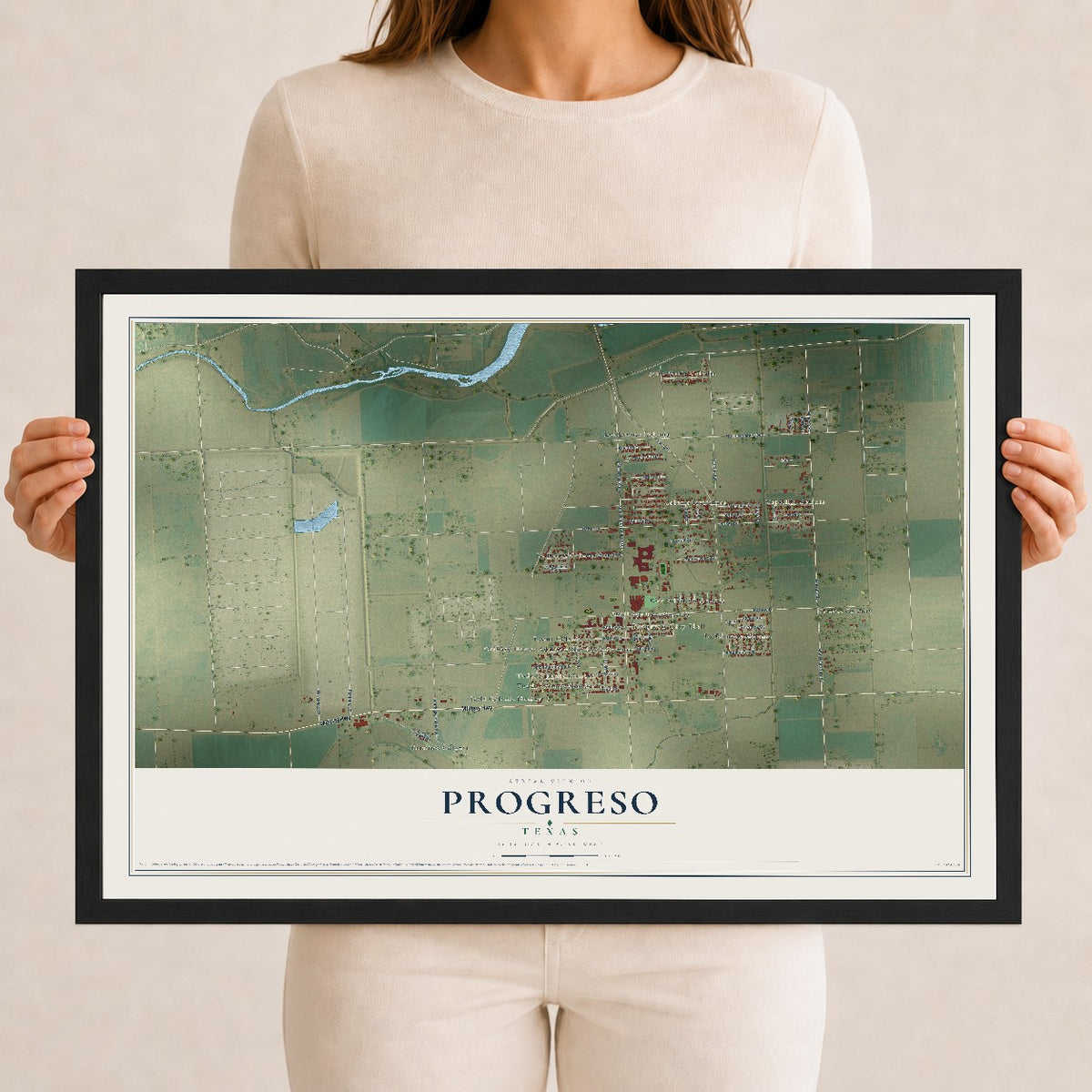 Map of Progreso, Texas, 12 x 18 inch print in a black wood frame