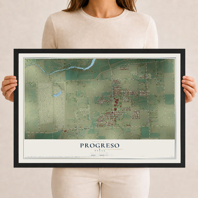 Map of Progreso, Texas, 12 x 18 inch print in a black wood frame