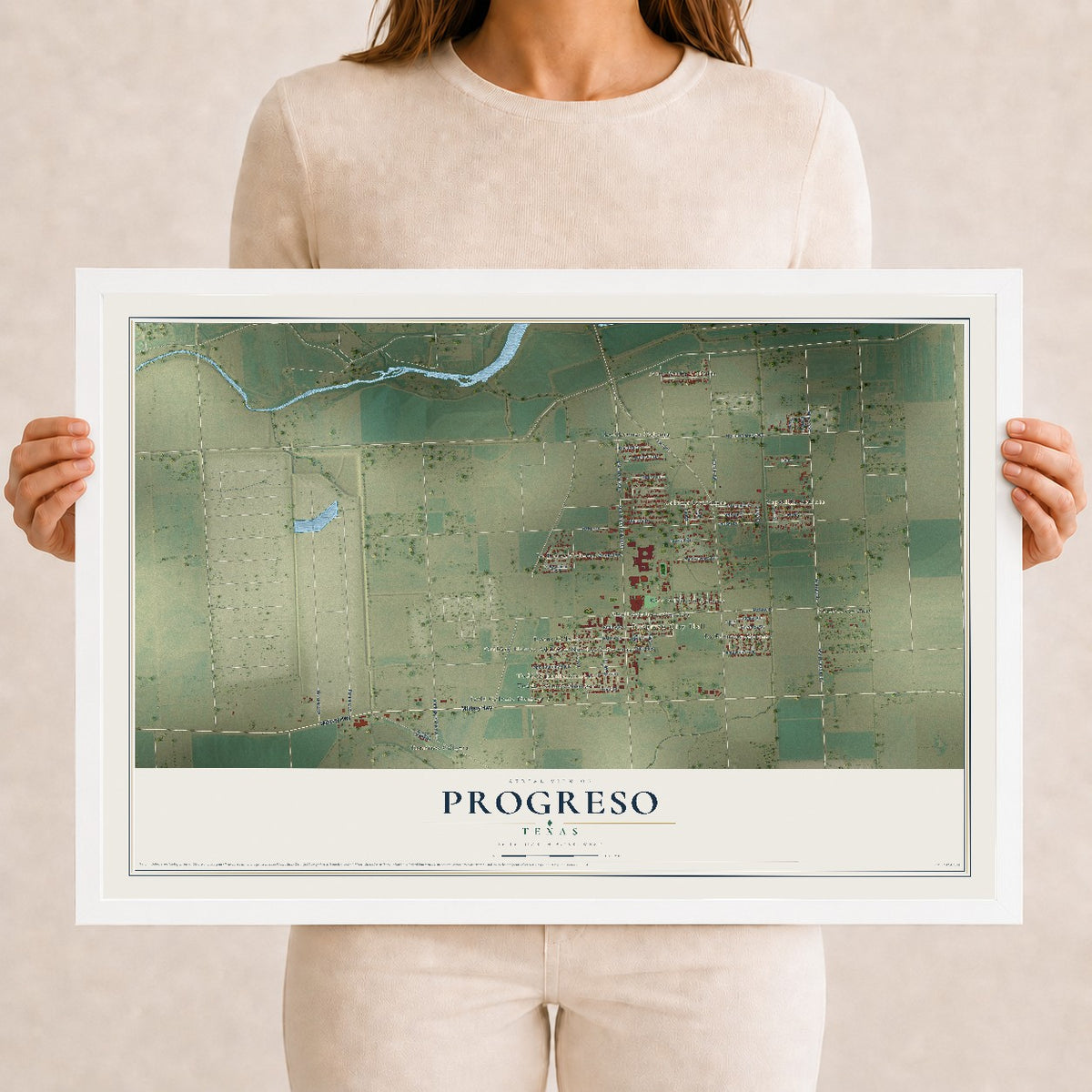 Map of Progreso, Texas, 12 x 18 inch print in a white wood frame