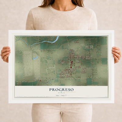 Map of Progreso, Texas, 12 x 18 inch print in a white wood frame