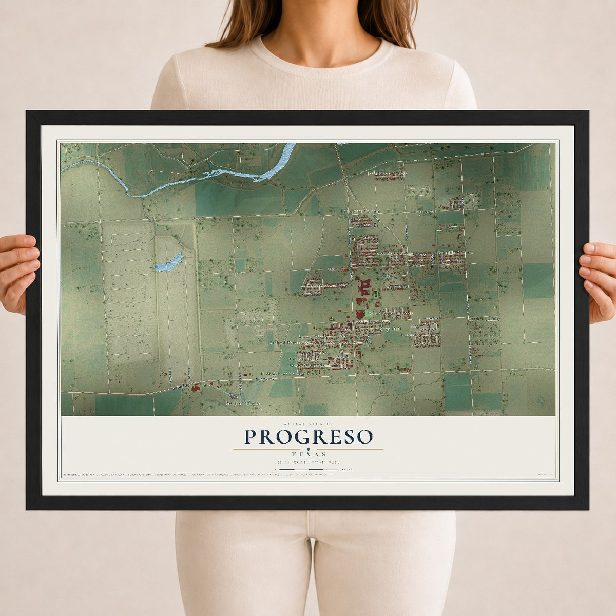 Map of Progreso, Texas, 18 x 24 inch print in a black wood frame