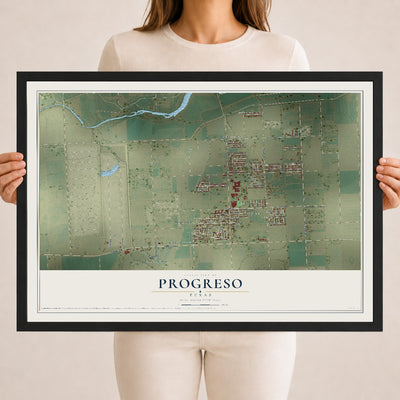 Map of Progreso, Texas, 18 x 24 inch print in a black wood frame