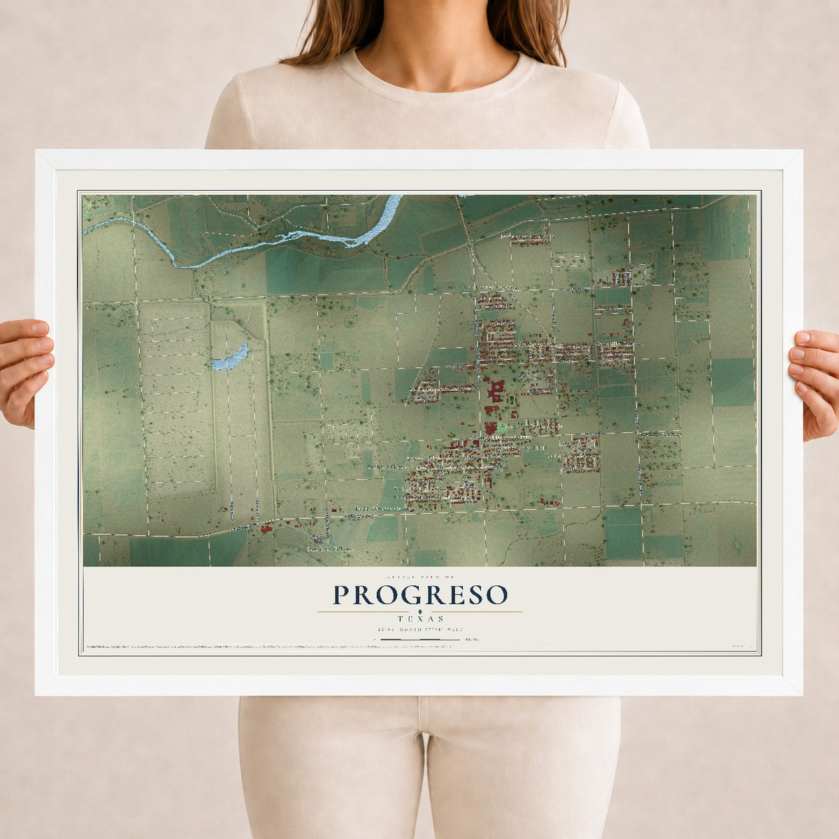 Map of Progreso, Texas, 18 x 24 inch print in a white wood frame