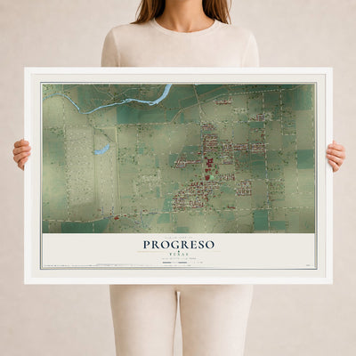 Map of Progreso, Texas, 24 x 36 inch print in a white wood frame