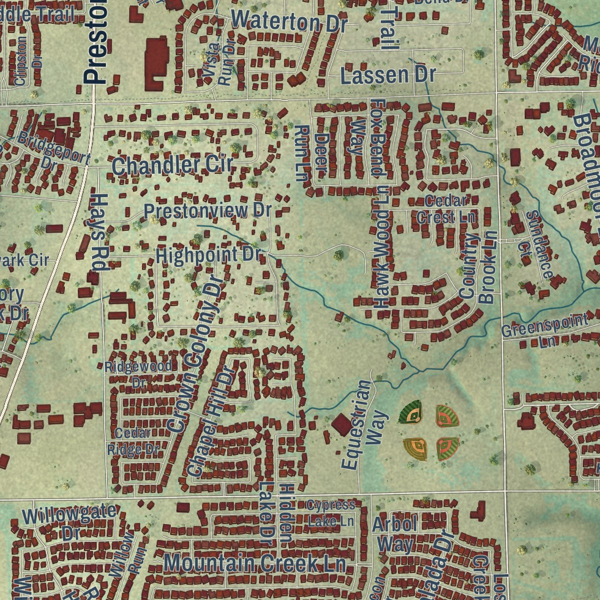 Close-up of the map of Prosper, Texas print showing street and building detail