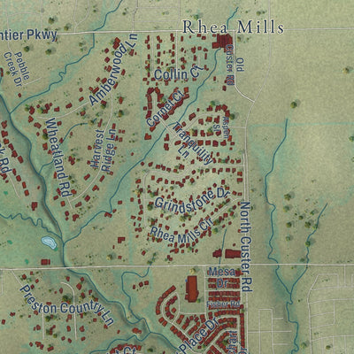 Second close-up of the map of Prosper, Texas print showing more streets and buildings