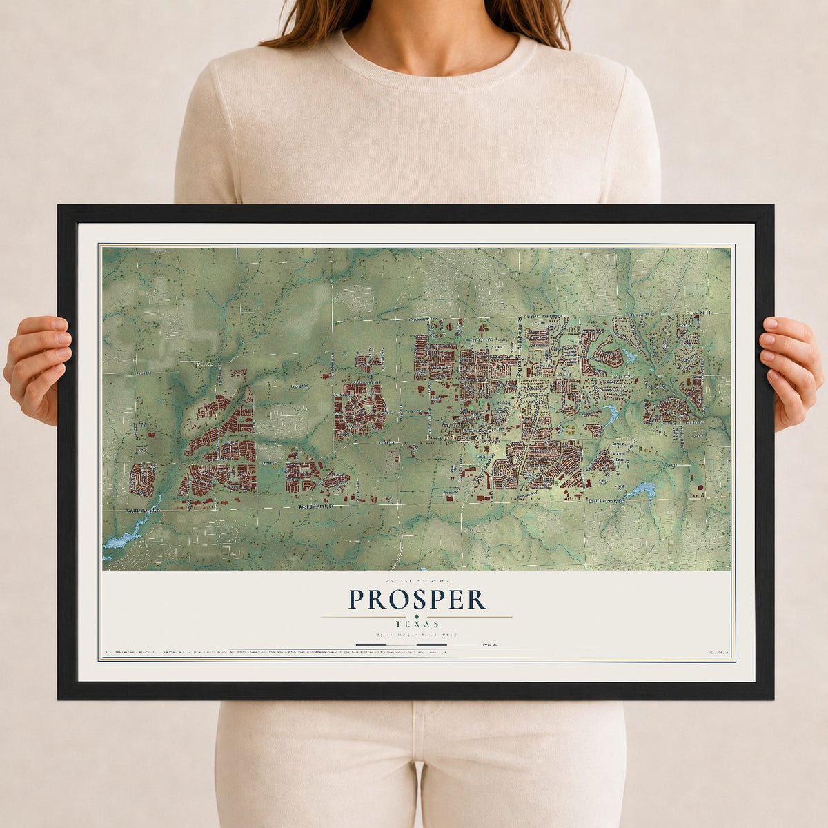 Map of Prosper, Texas, 12 x 18 inch print in a black wood frame