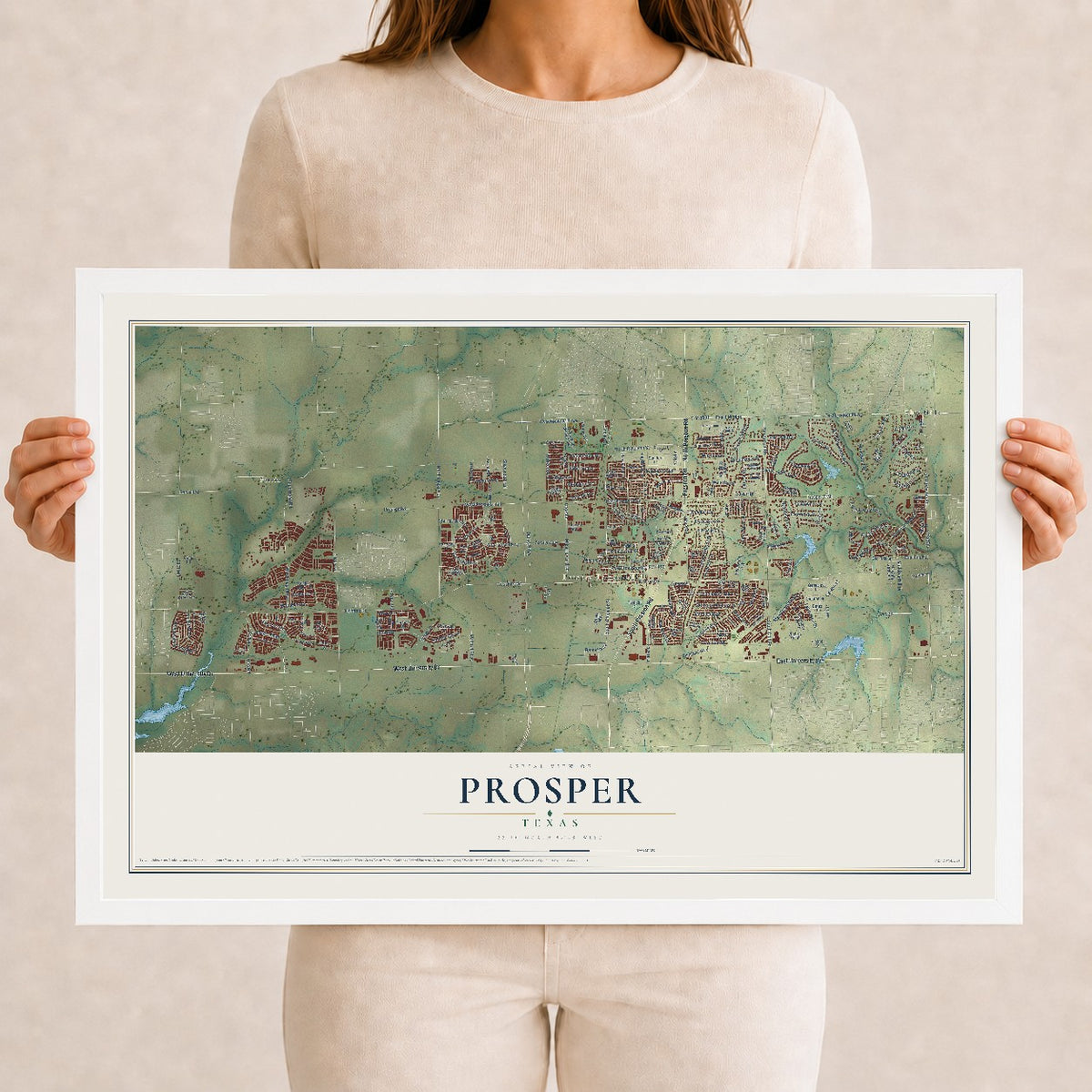 Map of Prosper, Texas, 12 x 18 inch print in a white wood frame
