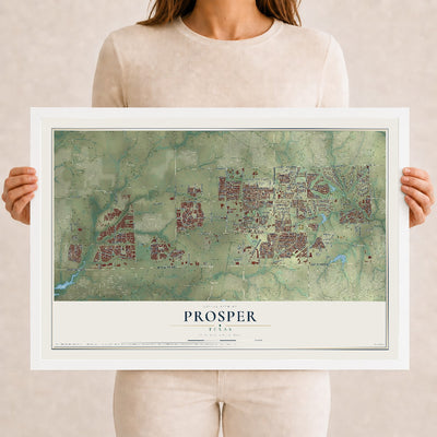Map of Prosper, Texas, 12 x 18 inch print in a white wood frame