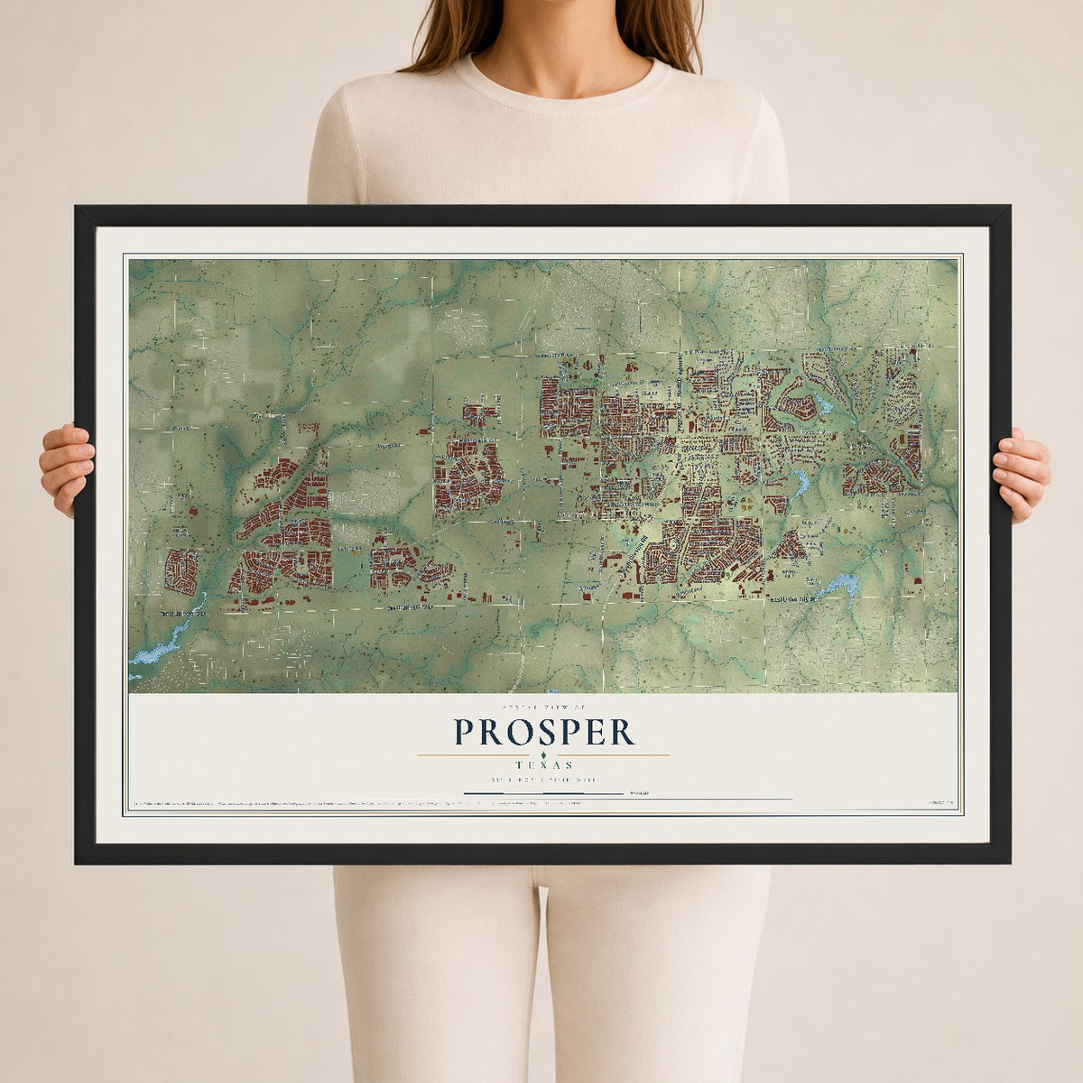 Map of Prosper, Texas, 24 x 36 inch print in a black wood frame