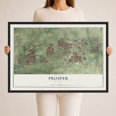 Map of Prosper, Texas, 24 x 36 inch print in a black wood frame