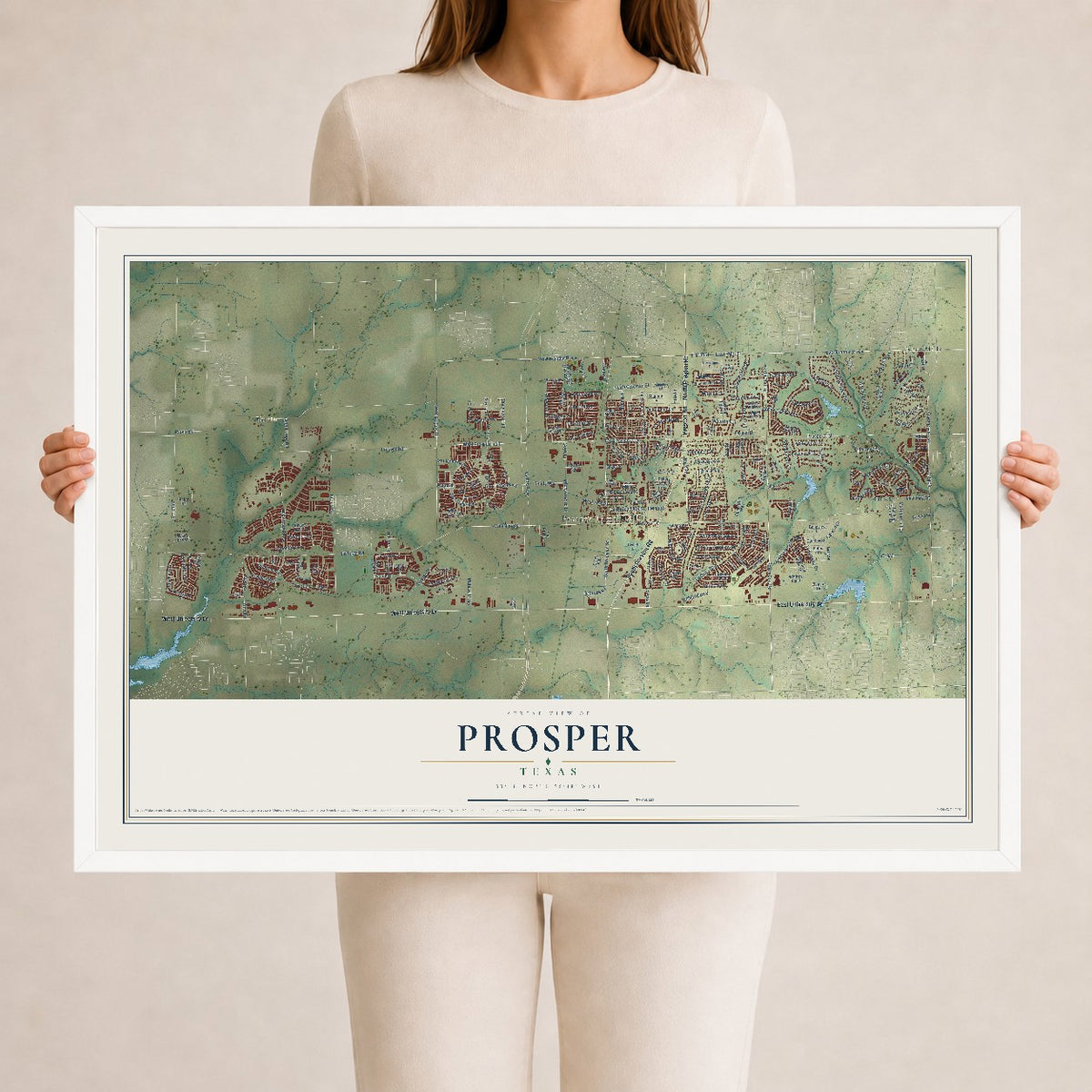 Map of Prosper, Texas, 24 x 36 inch print in a white wood frame