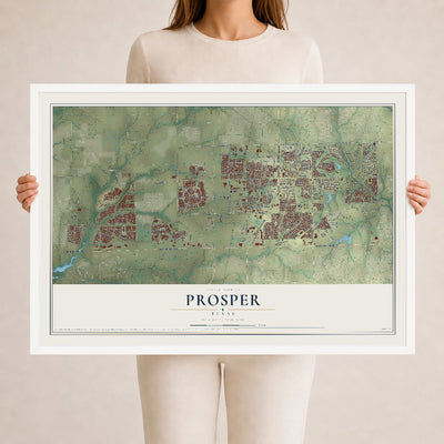 Map of Prosper, Texas, 24 x 36 inch print in a white wood frame