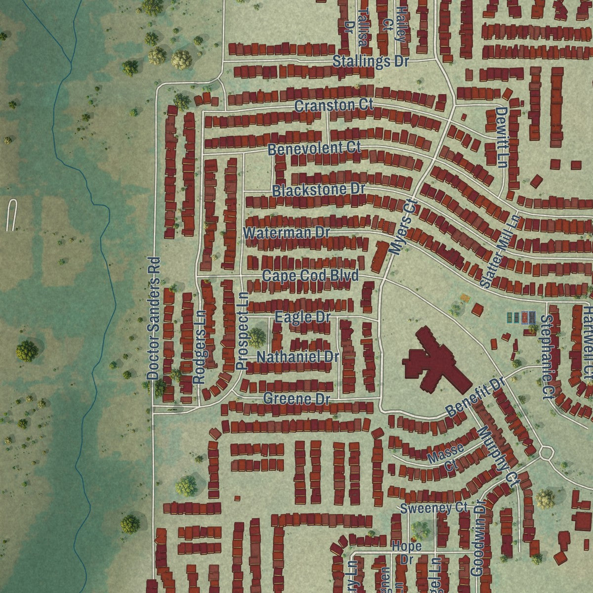 Close-up of the map of Providence Village, Texas print showing street and building detail