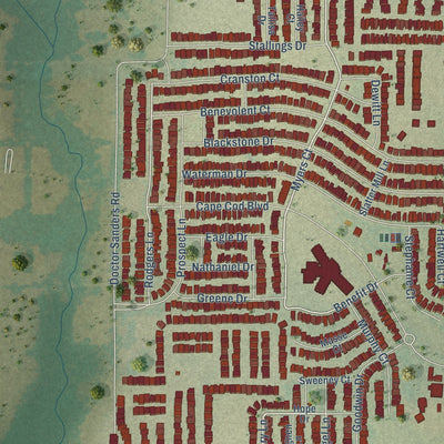 Close-up of the map of Providence Village, Texas print showing street and building detail