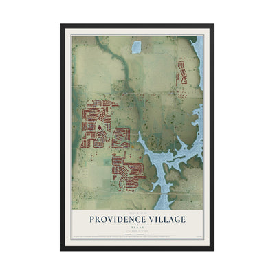 Map of Providence Village, Texas, 12 x 18 inch print in a black wood frame