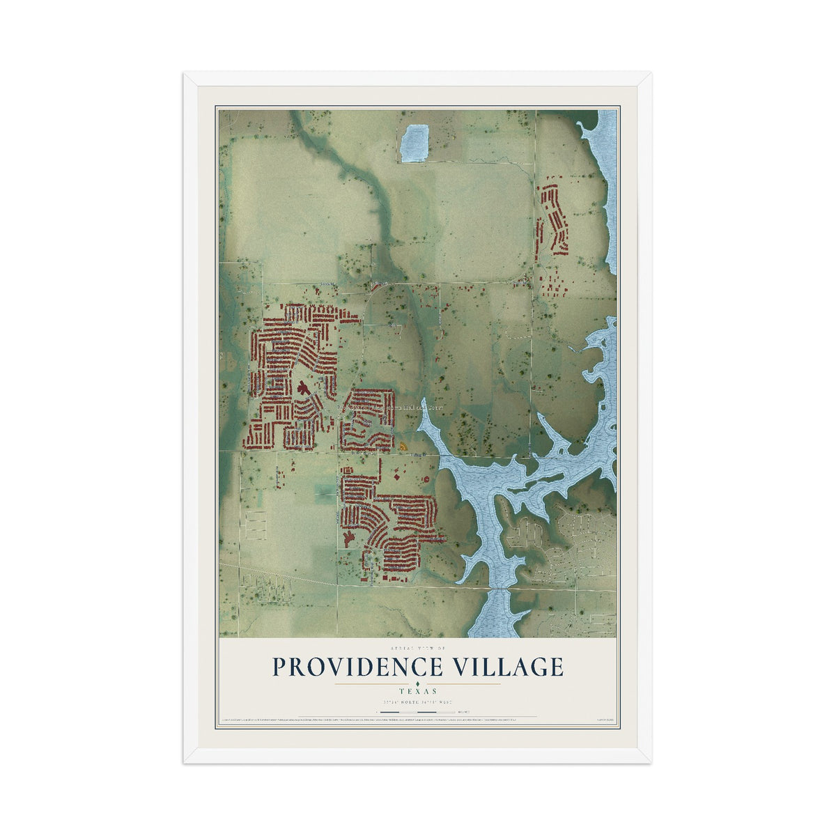 Map of Providence Village, Texas, 12 x 18 inch print in a white wood frame