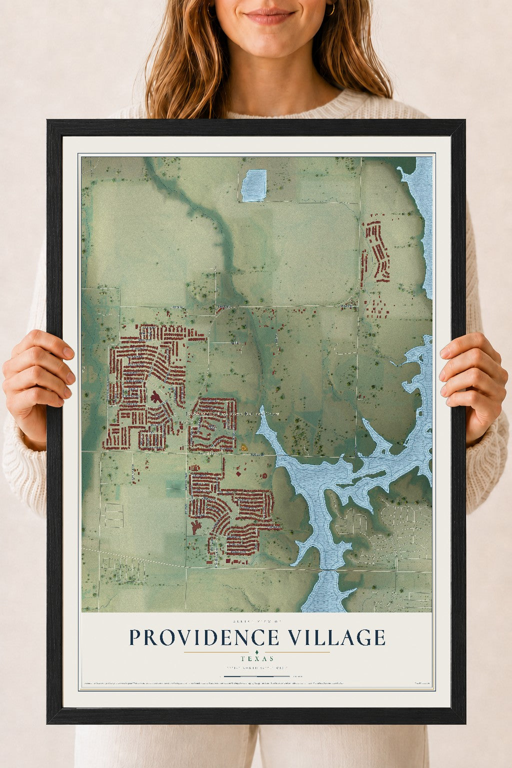 Map of Providence Village, Texas, 18 x 24 inch print in a black wood frame