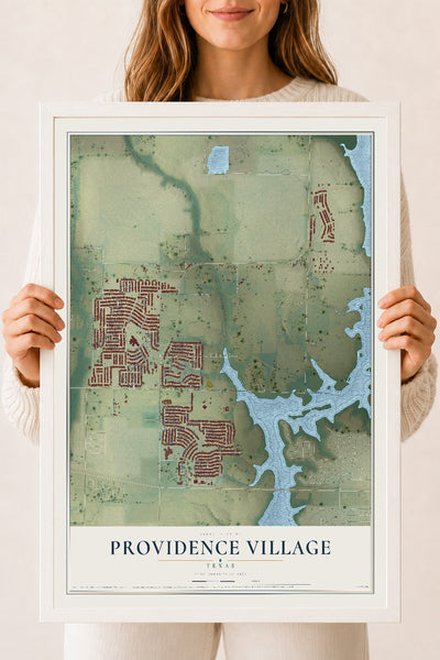 Map of Providence Village, Texas, 18 x 24 inch print in a white wood frame