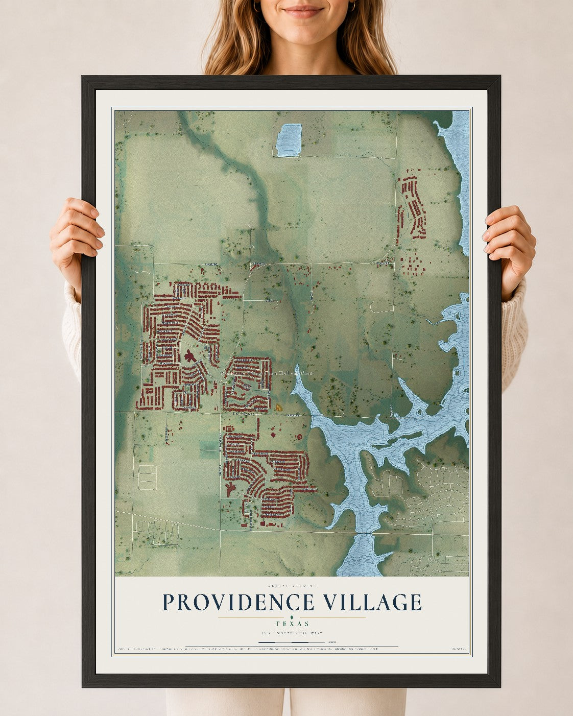 Map of Providence Village, Texas, 24 x 36 inch print in a black wood frame