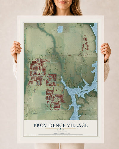 Map of Providence Village, Texas, 24 x 36 inch print in a white wood frame
