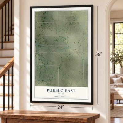 Pueblo East, Texas map, 24 x 36 inch print in a black frame by a staircase