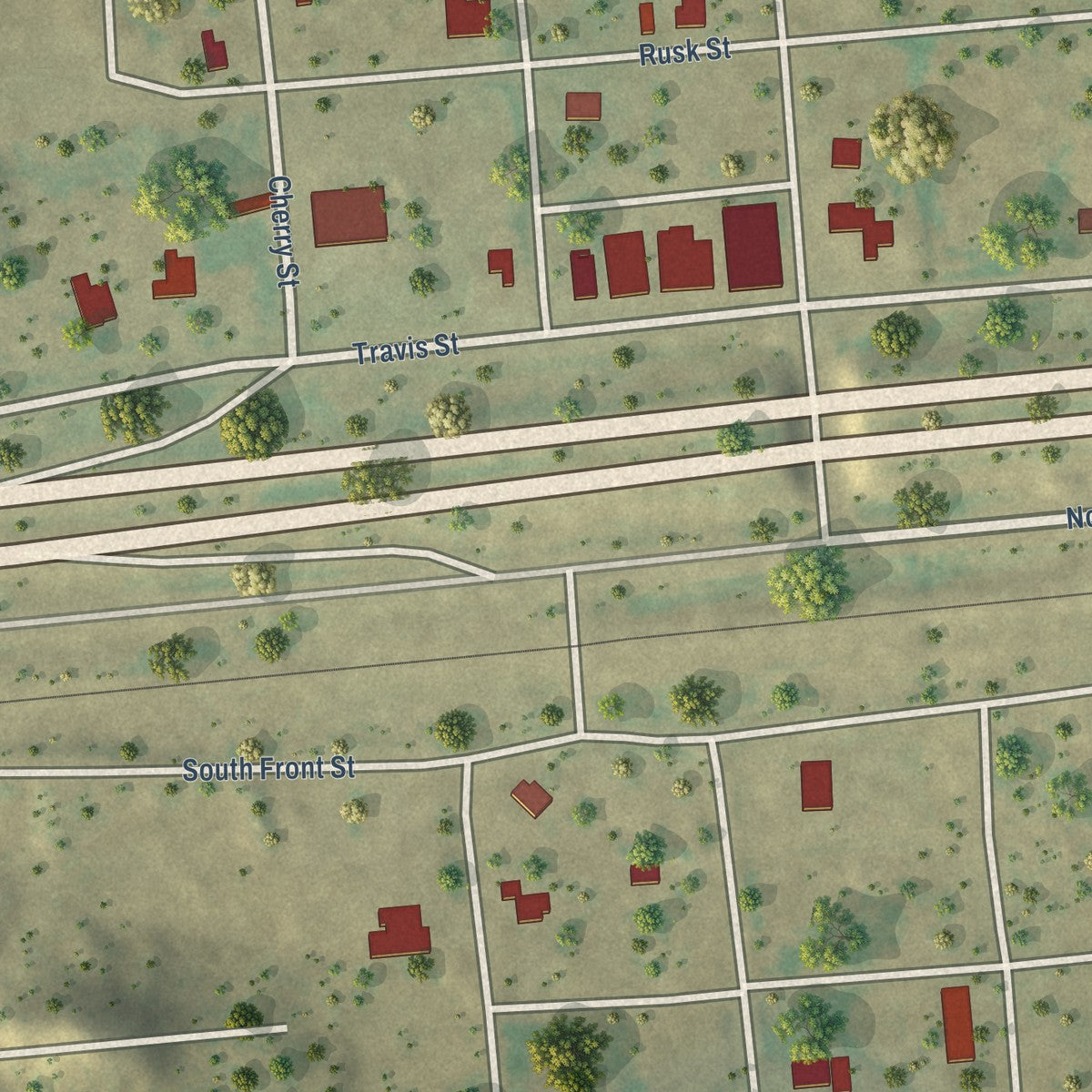 Close-up of the map of Putnam, Texas print showing street and building detail