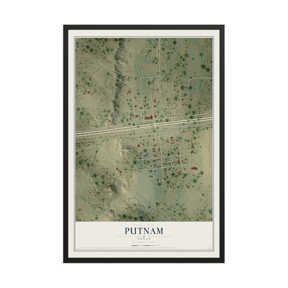 Map of Putnam, Texas, 12 x 18 inch print in a black wood frame