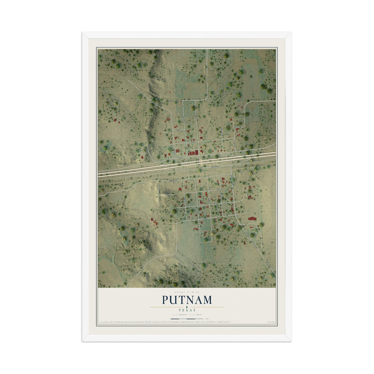 Map of Putnam, Texas, 12 x 18 inch print in a white wood frame