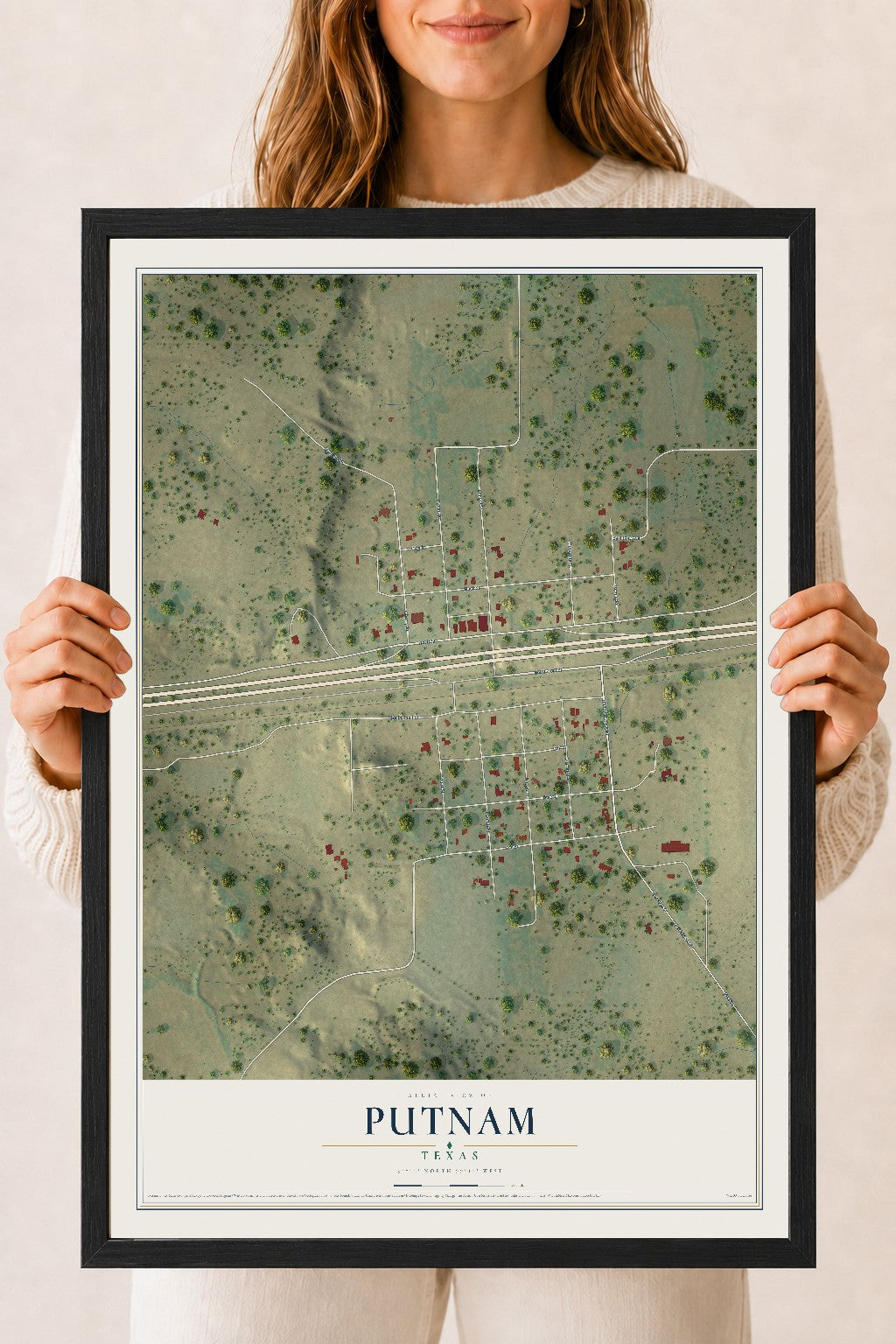 Map of Putnam, Texas, 18 x 24 inch print in a black wood frame