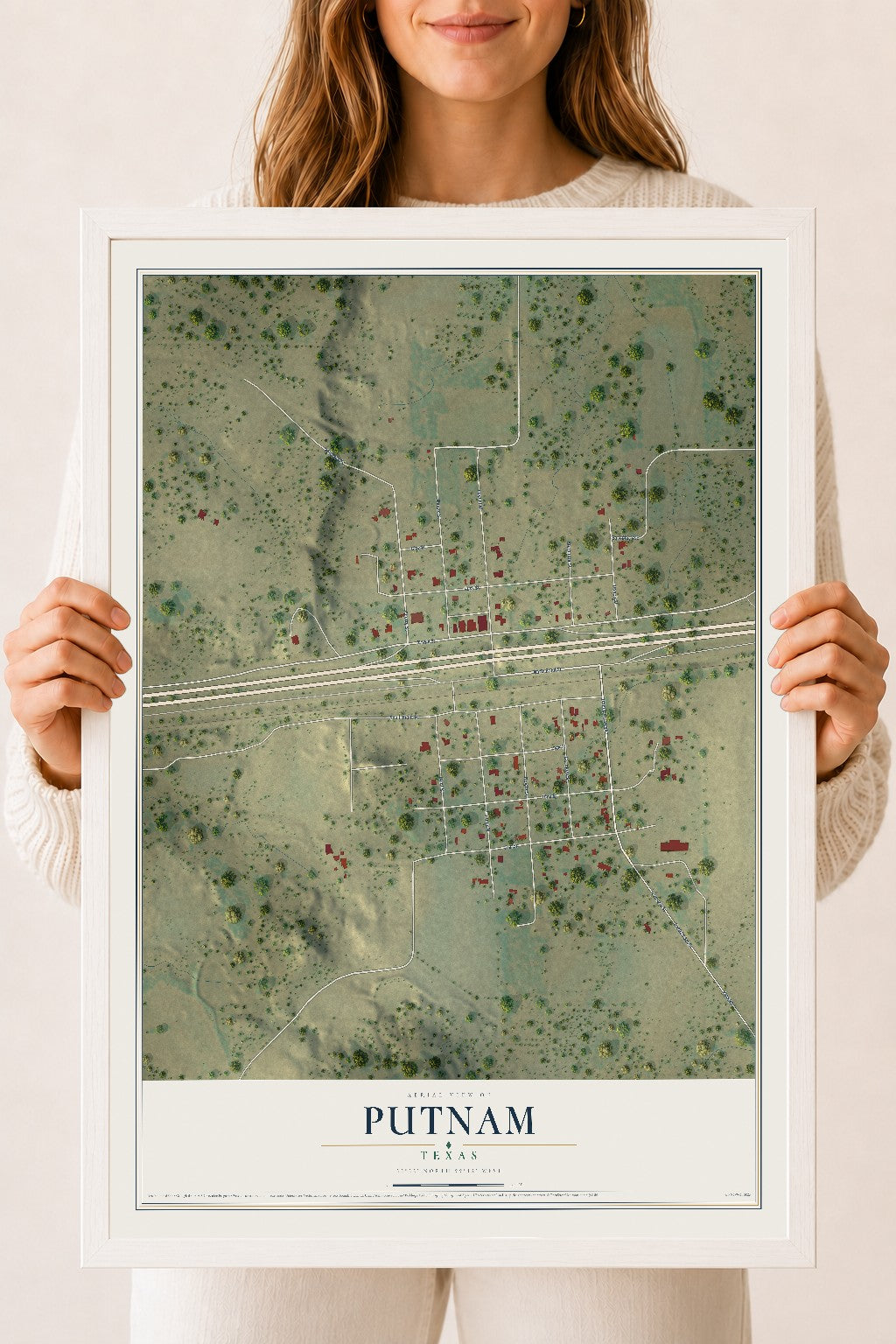 Map of Putnam, Texas, 18 x 24 inch print in a white wood frame