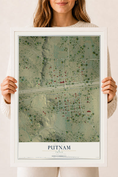 Map of Putnam, Texas, 18 x 24 inch print in a white wood frame