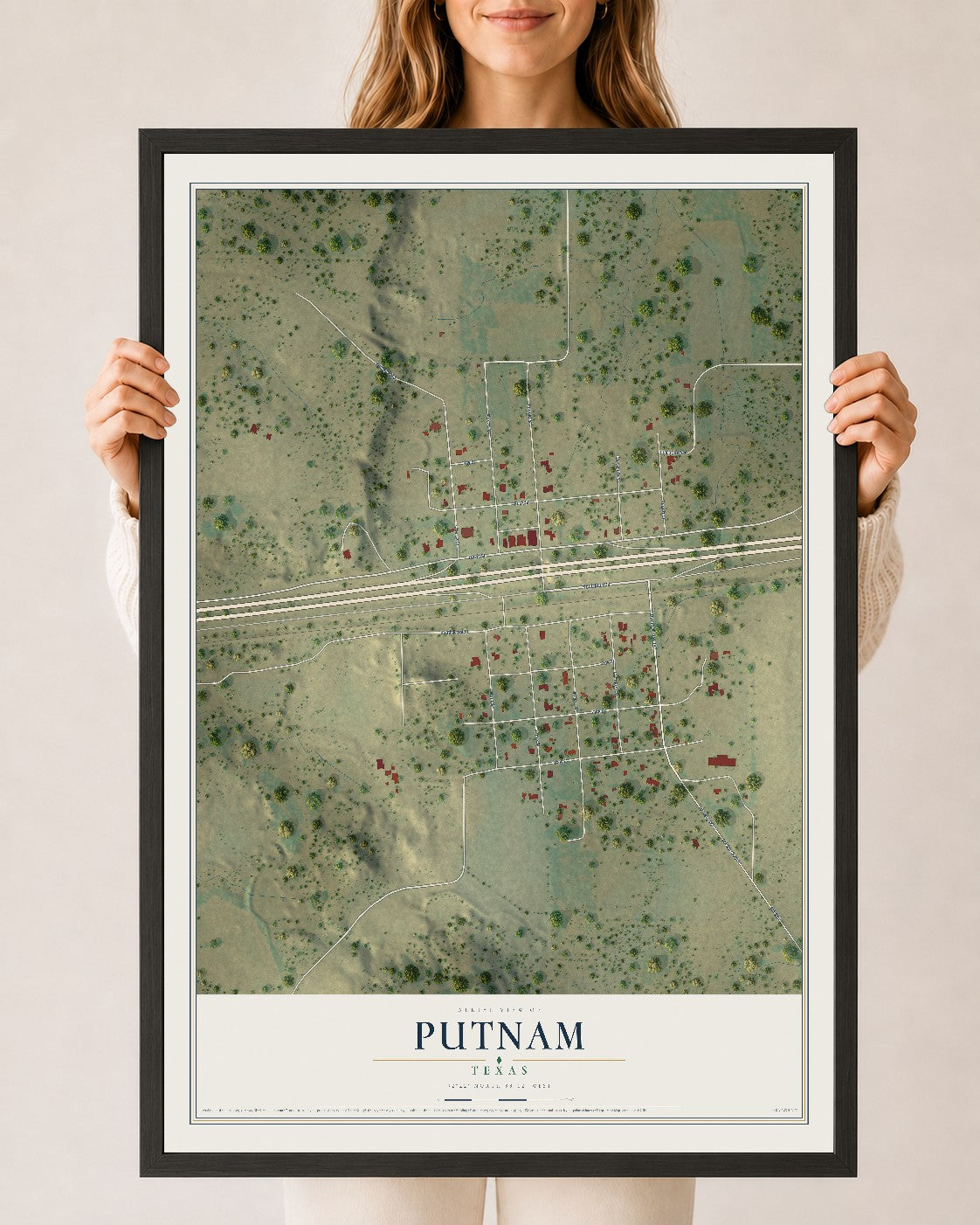Map of Putnam, Texas, 24 x 36 inch print in a black wood frame