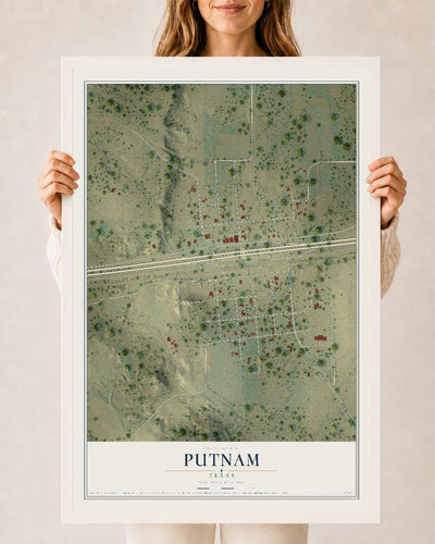 Map of Putnam, Texas, 24 x 36 inch print in a white wood frame