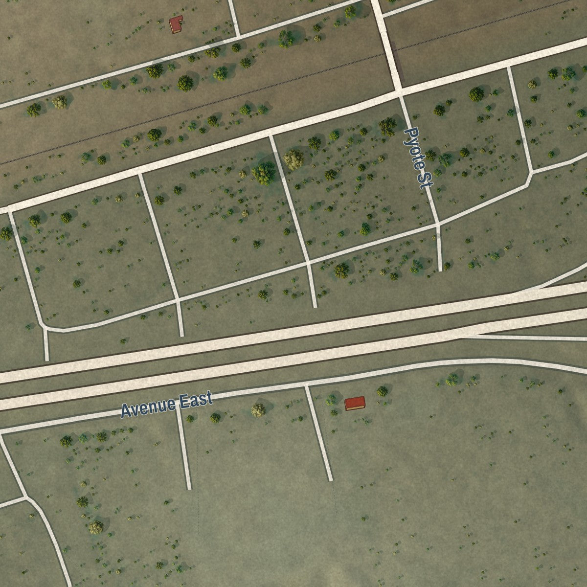 Close-up of the map of Pyote, Texas print showing street and building detail