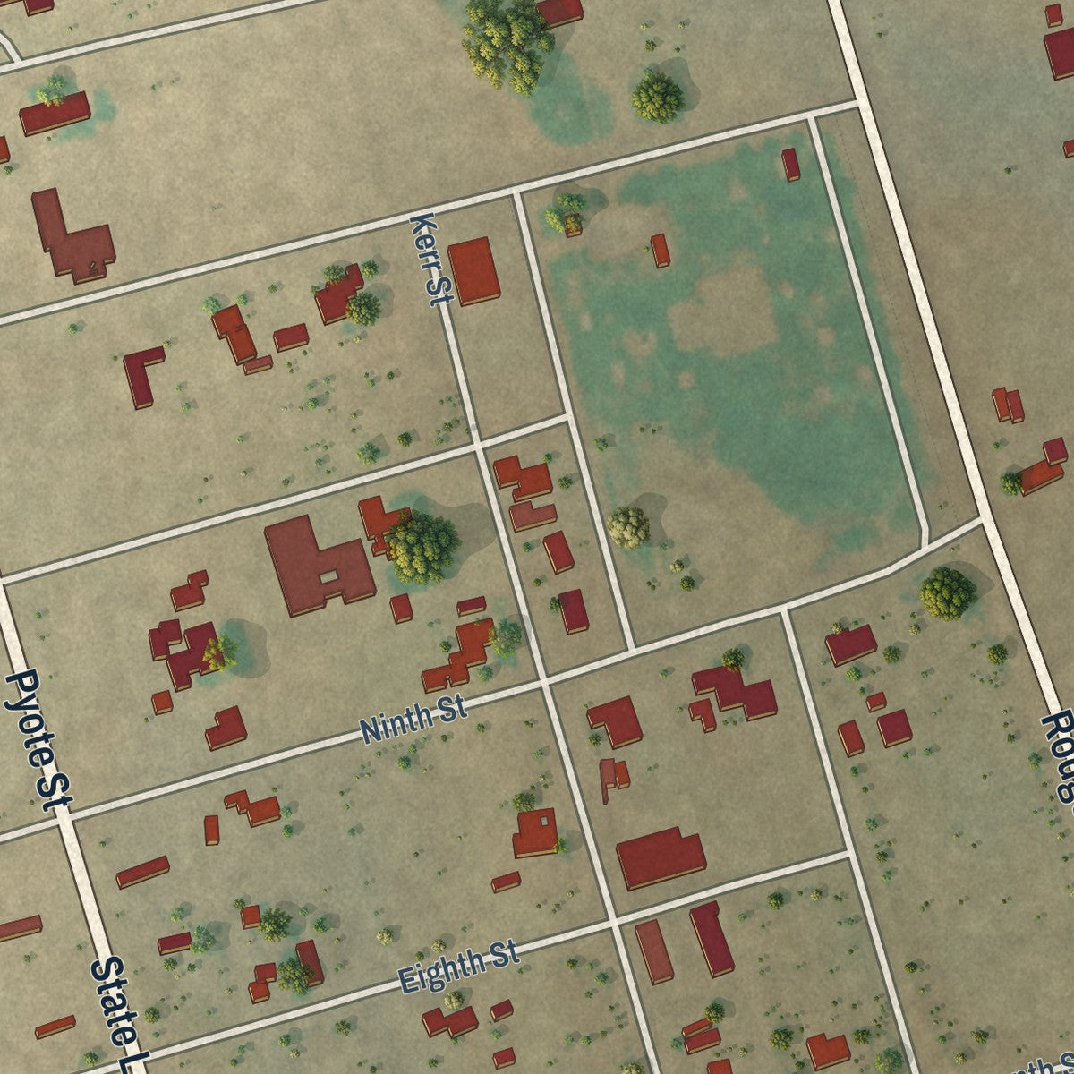 Second close-up of the map of Pyote, Texas print showing more streets and buildings