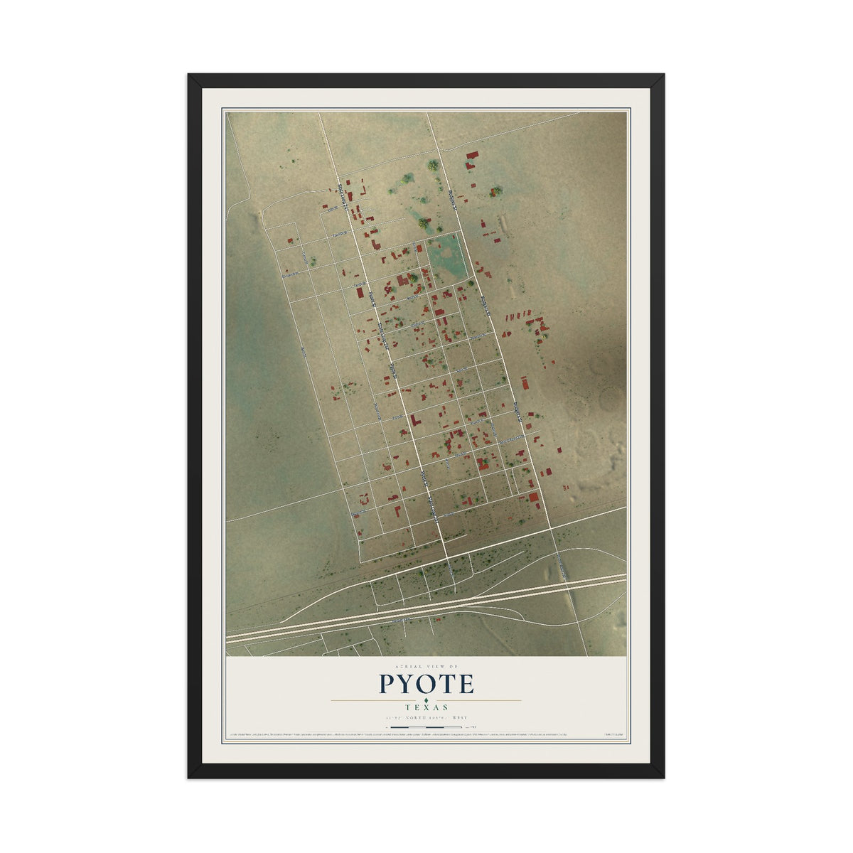 Map of Pyote, Texas, 12 x 18 inch print in a black wood frame