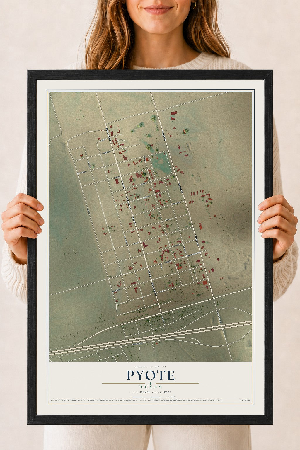 Map of Pyote, Texas, 18 x 24 inch print in a black wood frame
