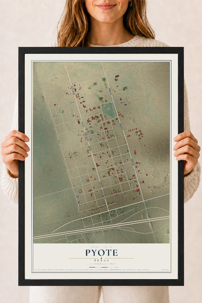 Map of Pyote, Texas, 18 x 24 inch print in a black wood frame