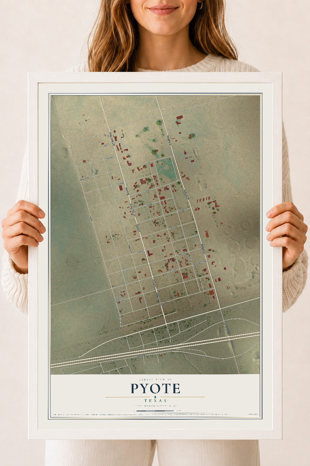 Map of Pyote, Texas, 18 x 24 inch print in a white wood frame