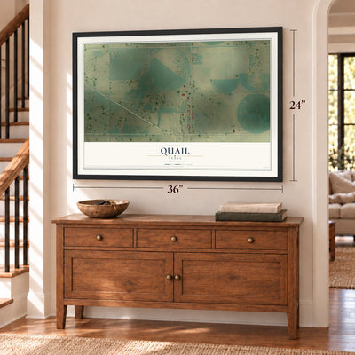 Quail, Texas map, 24 x 36 inch print in a black frame above a dresser by a staircase
