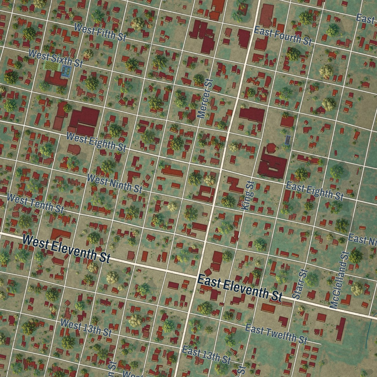 Close-up of the map of Quanah, Texas print showing street and building detail