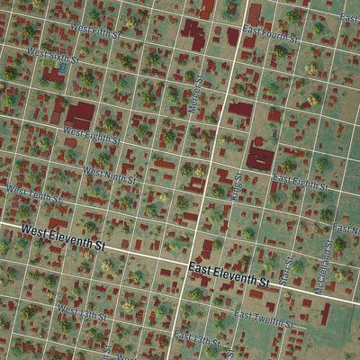 Close-up of the map of Quanah, Texas print showing street and building detail