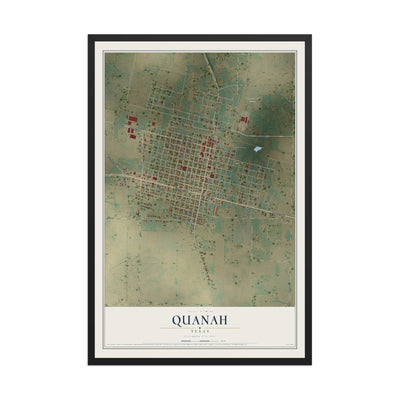 Map of Quanah, Texas, 12 x 18 inch print in a black wood frame
