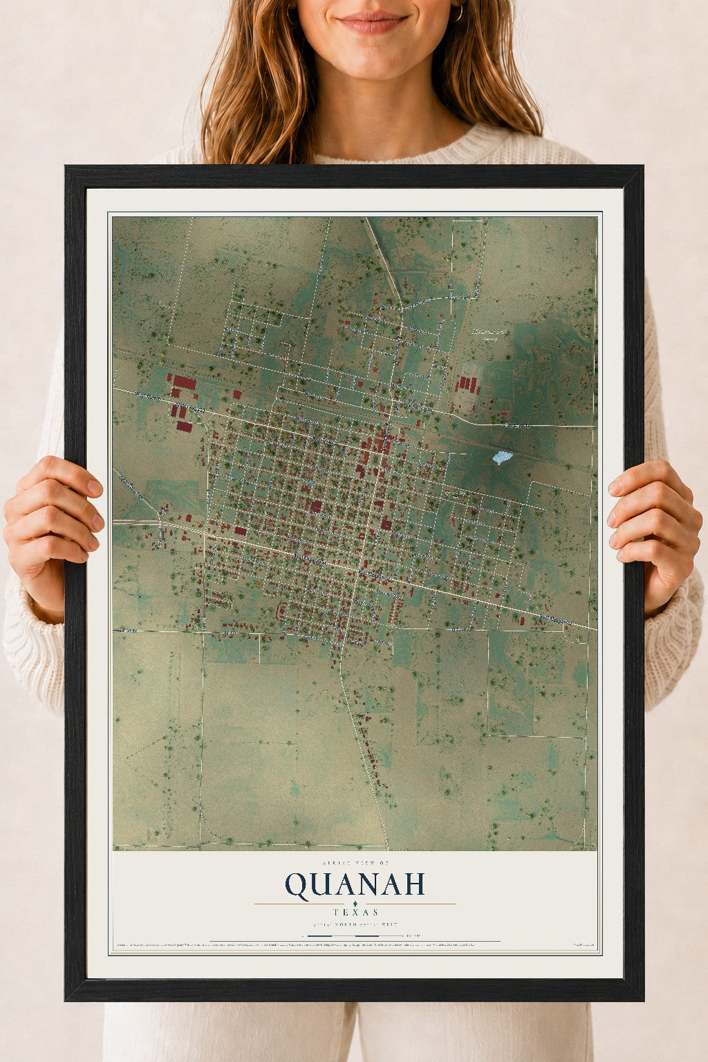 Map of Quanah, Texas, 18 x 24 inch print in a black wood frame