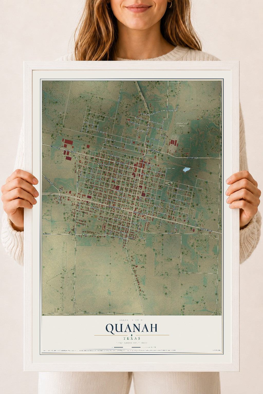 Map of Quanah, Texas, 18 x 24 inch print in a white wood frame