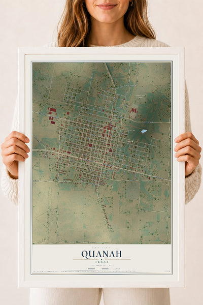 Map of Quanah, Texas, 18 x 24 inch print in a white wood frame
