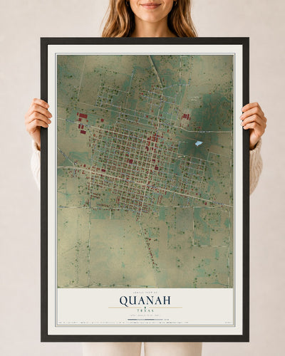 Map of Quanah, Texas, 24 x 36 inch print in a black wood frame