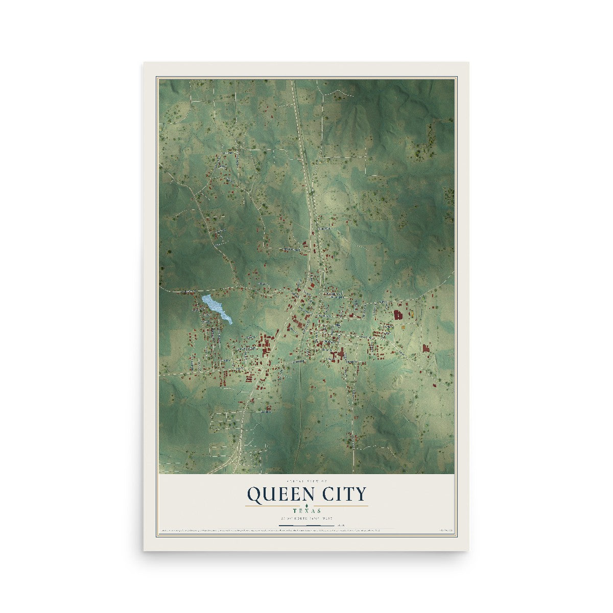 Map of Queen City, Texas, 12 x 18 inch unframed archival matte print