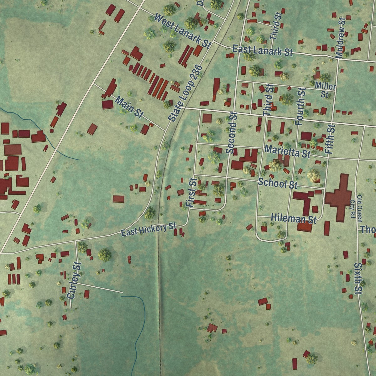 Close-up of the map of Queen City, Texas print showing street and building detail